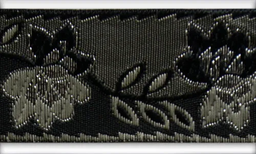 1 1/4" Sand & Metallic Silver Falling Leaves Black Woven Ribbon (Made in France)