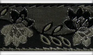 1 1/4" Sand & Metallic Silver Falling Leaves Black Woven Ribbon (Made in France)