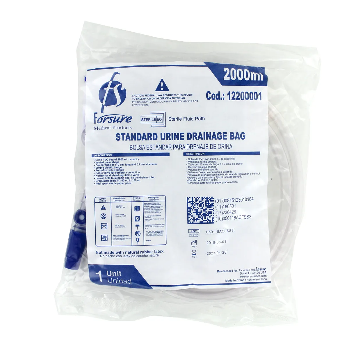 1 Urine Urinary Drainage Bag 2000 ml Antireflux Valve Vented T-Tap Outlet Drain