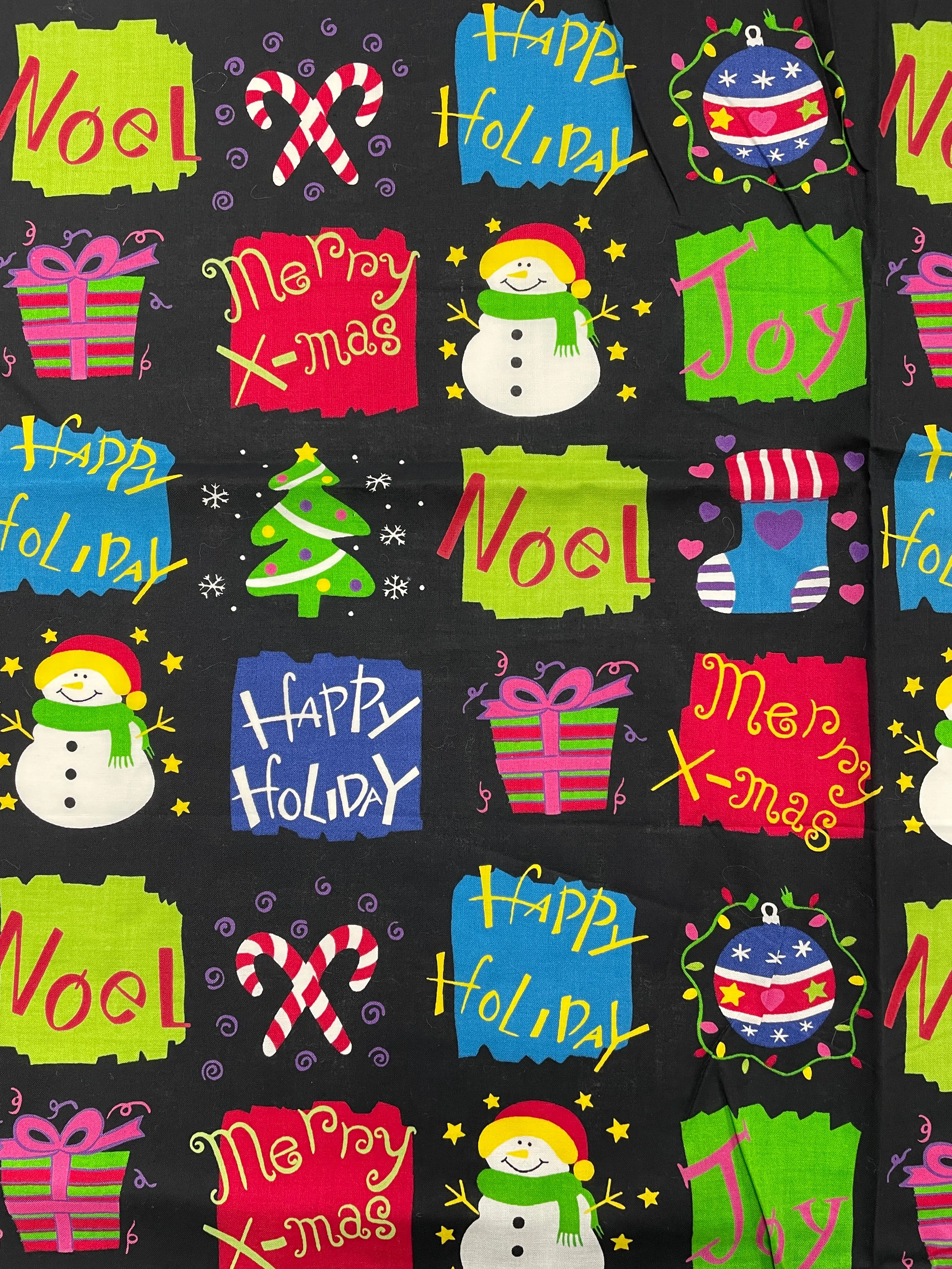 1  YD Quilting Cotton Remnant - Black with Christmas Graphics