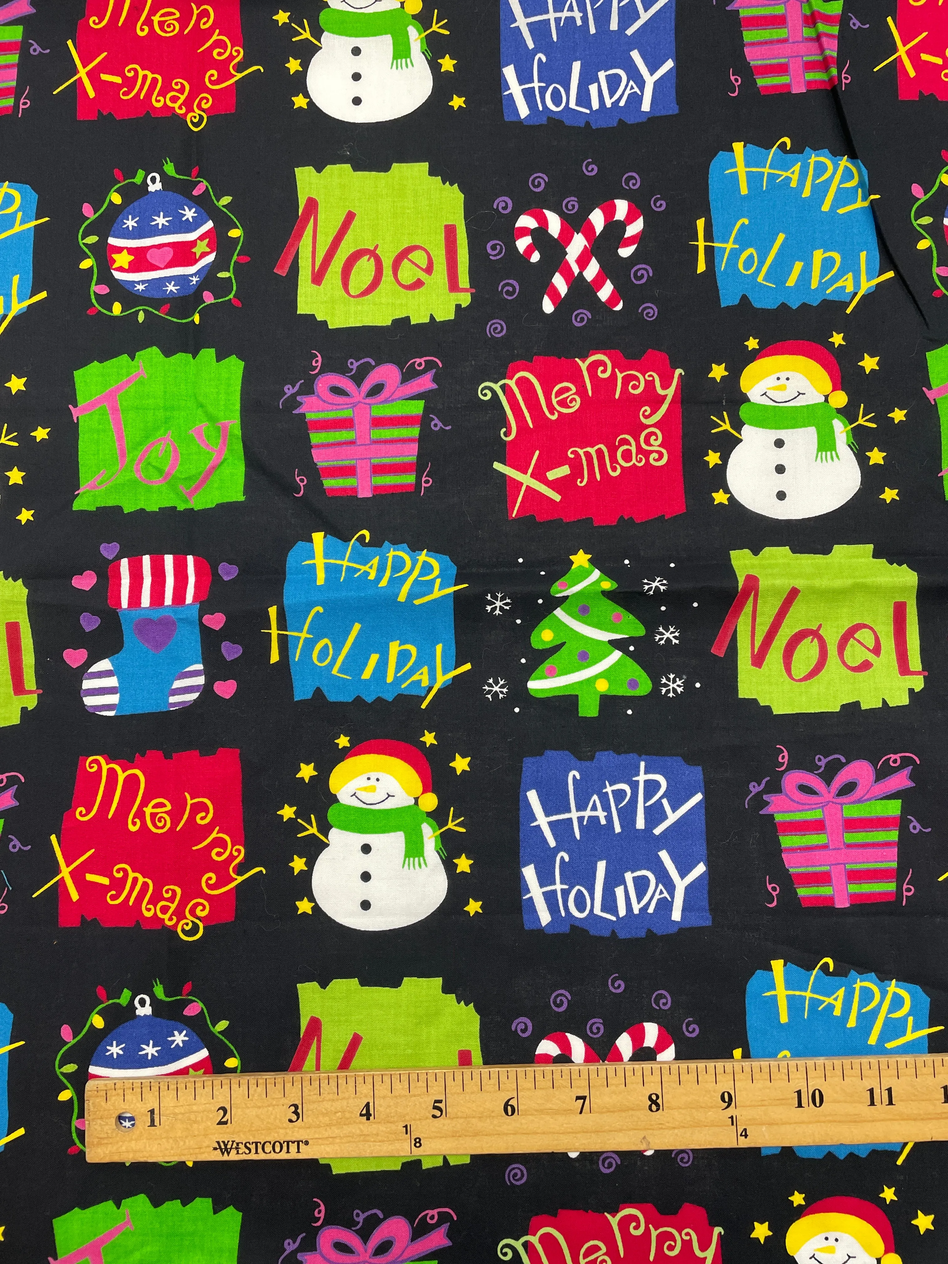 1  YD Quilting Cotton Remnant - Black with Christmas Graphics