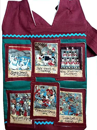 12 Days of Christmas. Catheter Night Bag Holder with 12 Little Pockets and Handle. Cover for a Catheter Night Bag. Ideal for a Wheelchair User.