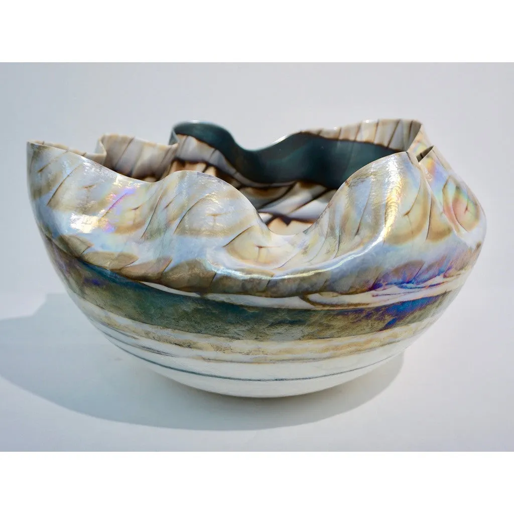 1990s Italian Blue and Mother-of-Pearl White Murano Glass Iridescent Shell Bowl