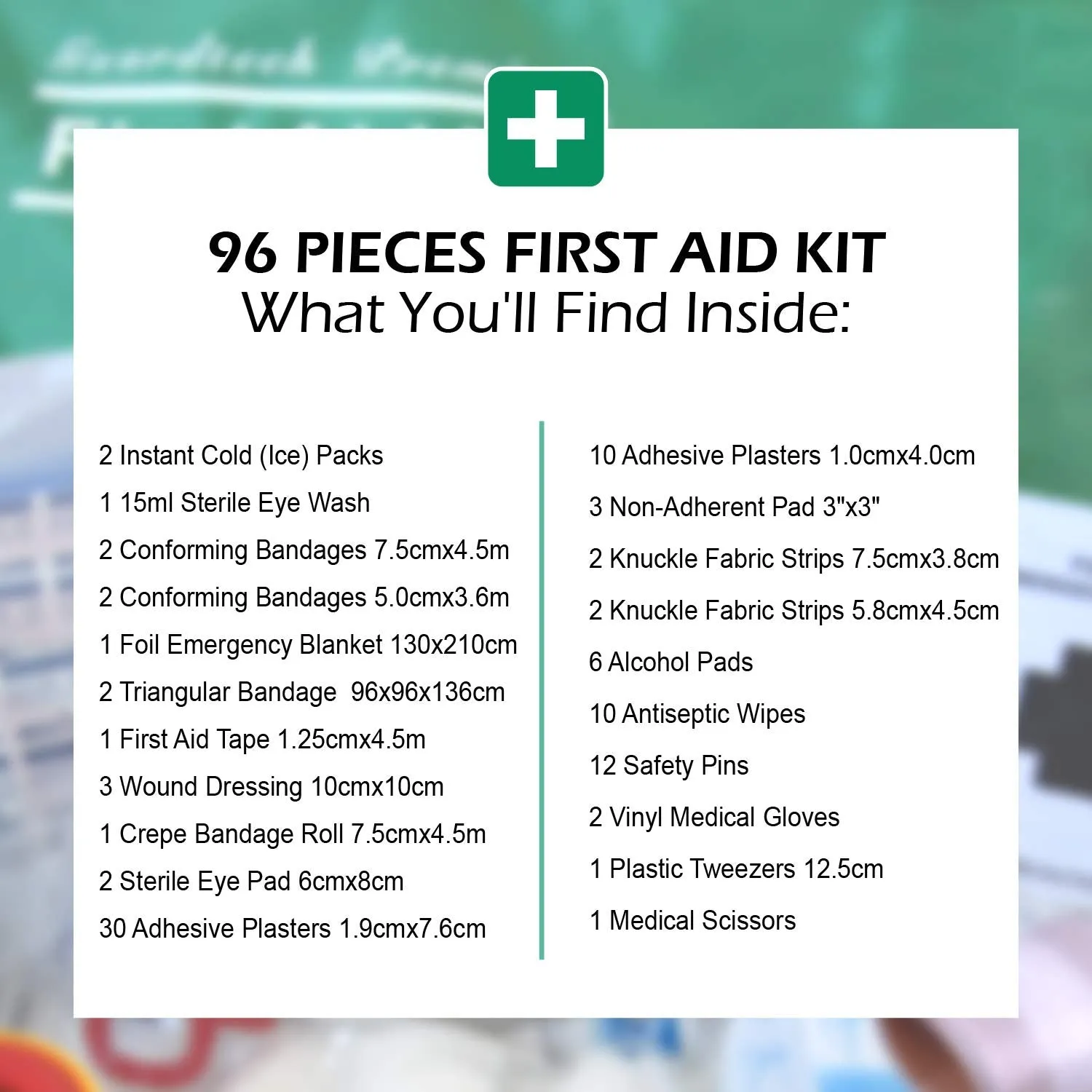 96 Piece Premium First Aid Kit Bag - Includes Eyewash, 2 x Cold (Ice) Packs and Emergency Blanket for Home, Office, Car, Caravan, Workplace, Travel