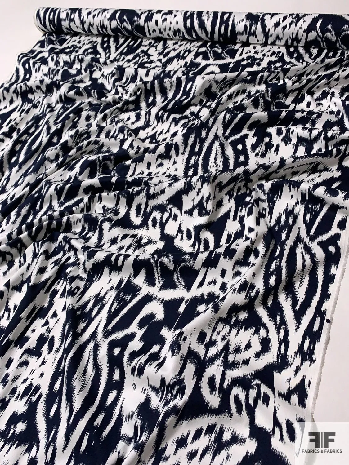 Abstract Ikat Printed Stretch Cotton Sateen - Navy / White