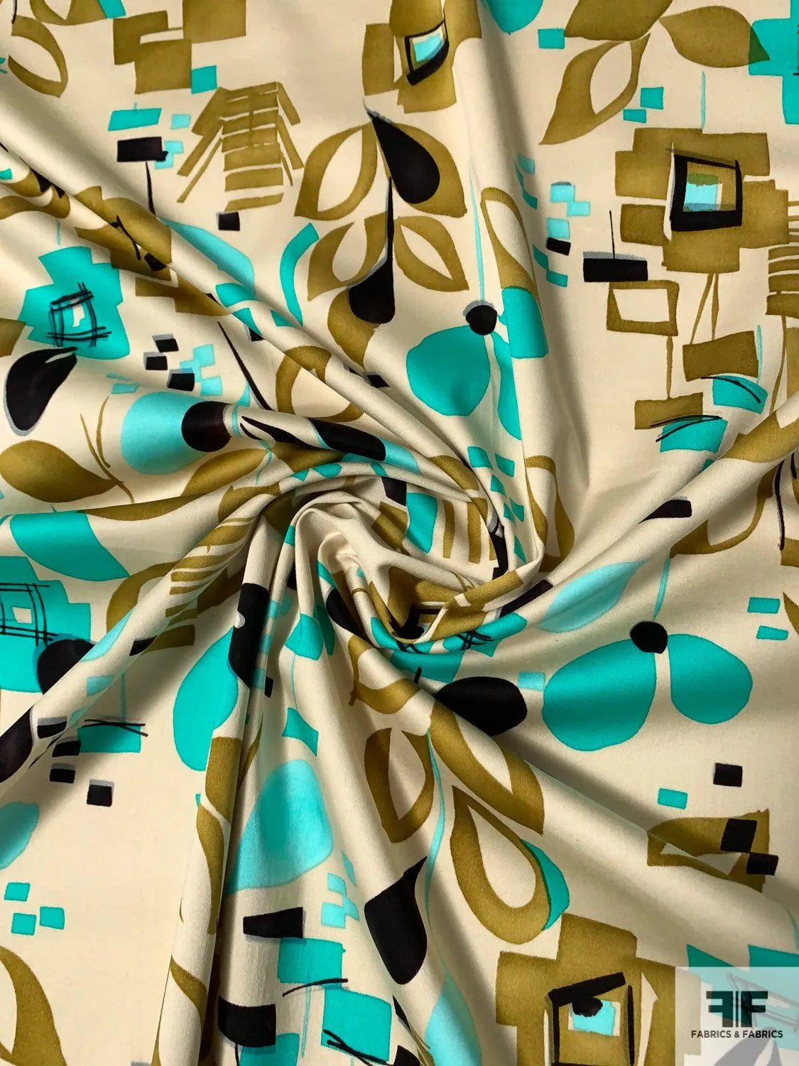 Abstract Printed Stretch Cotton Sateen - Olive / Turquoise / Sand / Black
