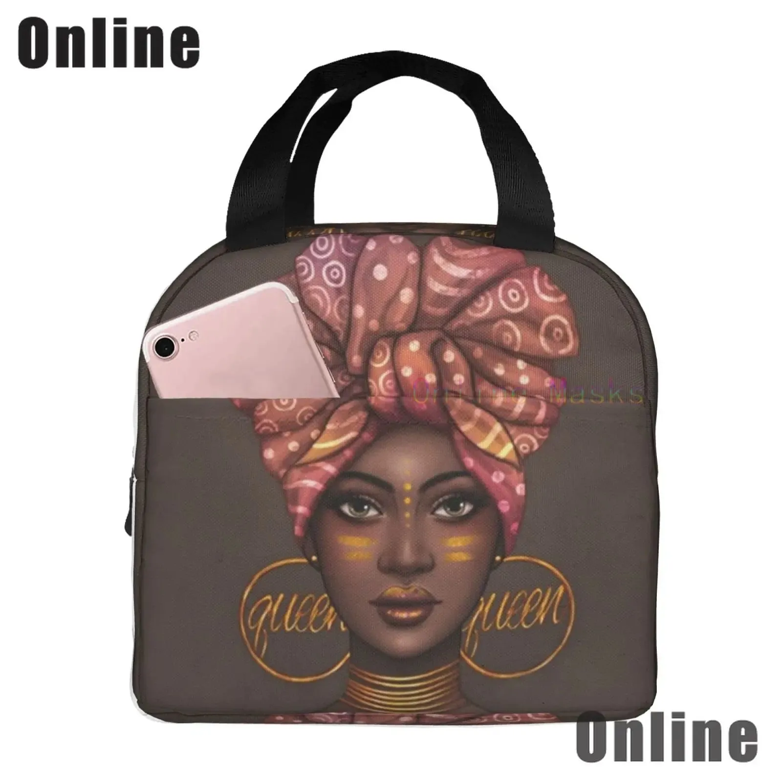 African American Black Girl Lunch Bag Compact Tote Bag Reusable Lunch Box Container for Women School Office Work