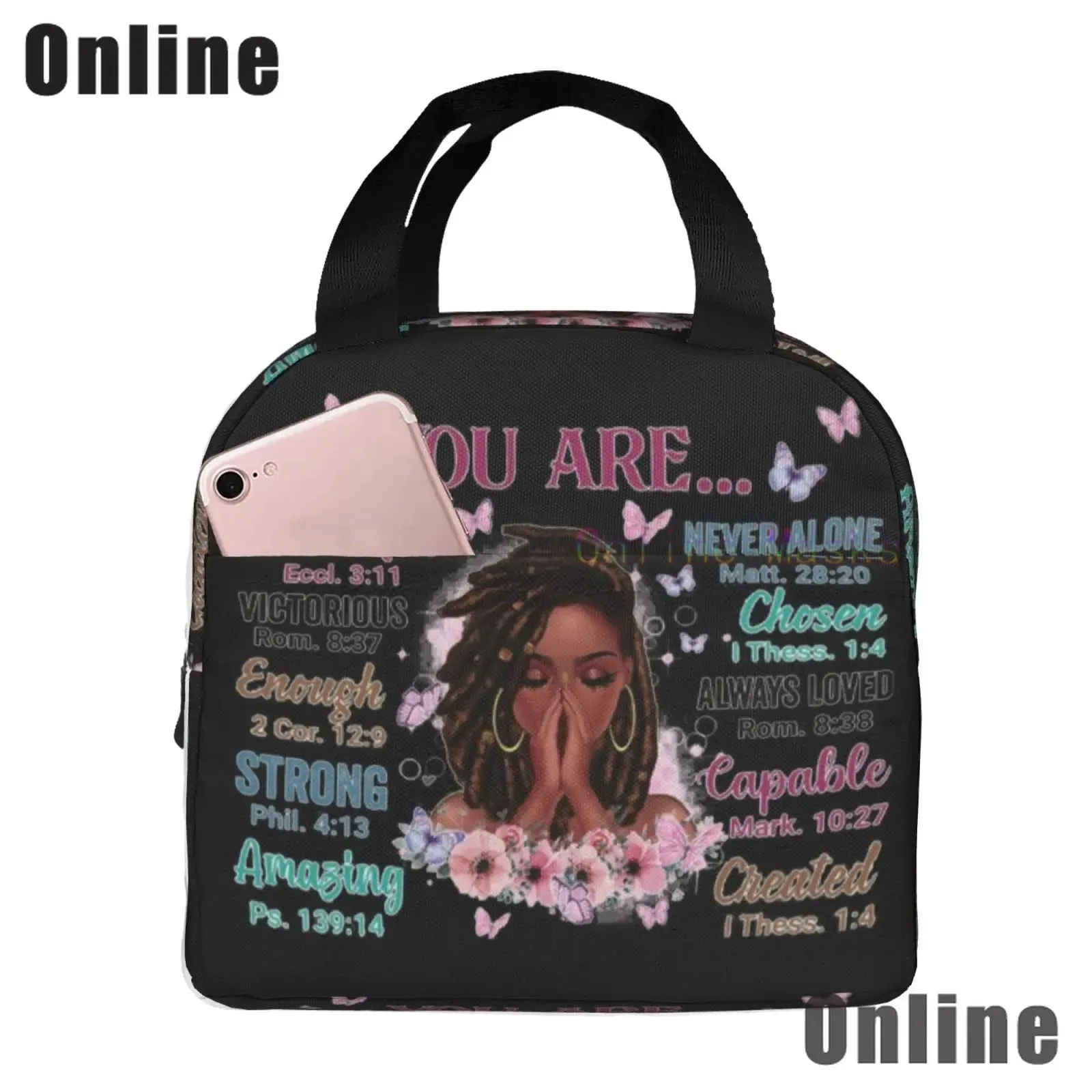 African American Black Girl Lunch Bag Compact Tote Bag Reusable Lunch Box Container for Women School Office Work