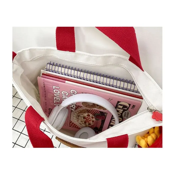 Bear Applique Canvas Color Block Zipper Crossbody Shoulder Bag
