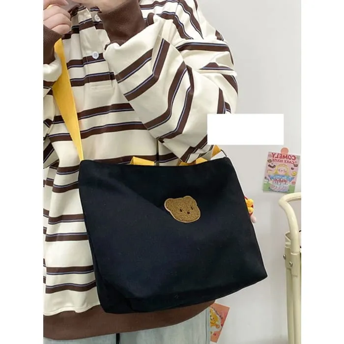 Bear Applique Canvas Color Block Zipper Crossbody Shoulder Bag