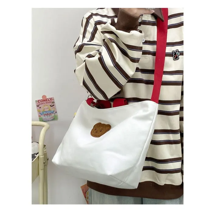 Bear Applique Canvas Color Block Zipper Crossbody Shoulder Bag