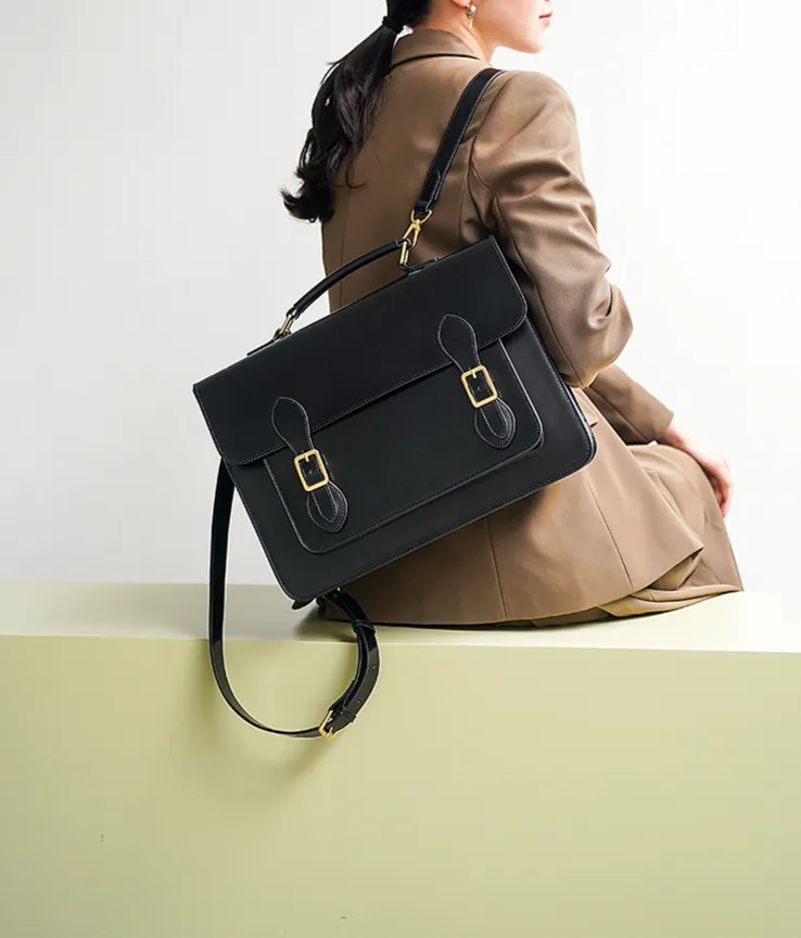 Black Classic Convertible Leather Backpack School Bag Satchel Briefcase Handbag