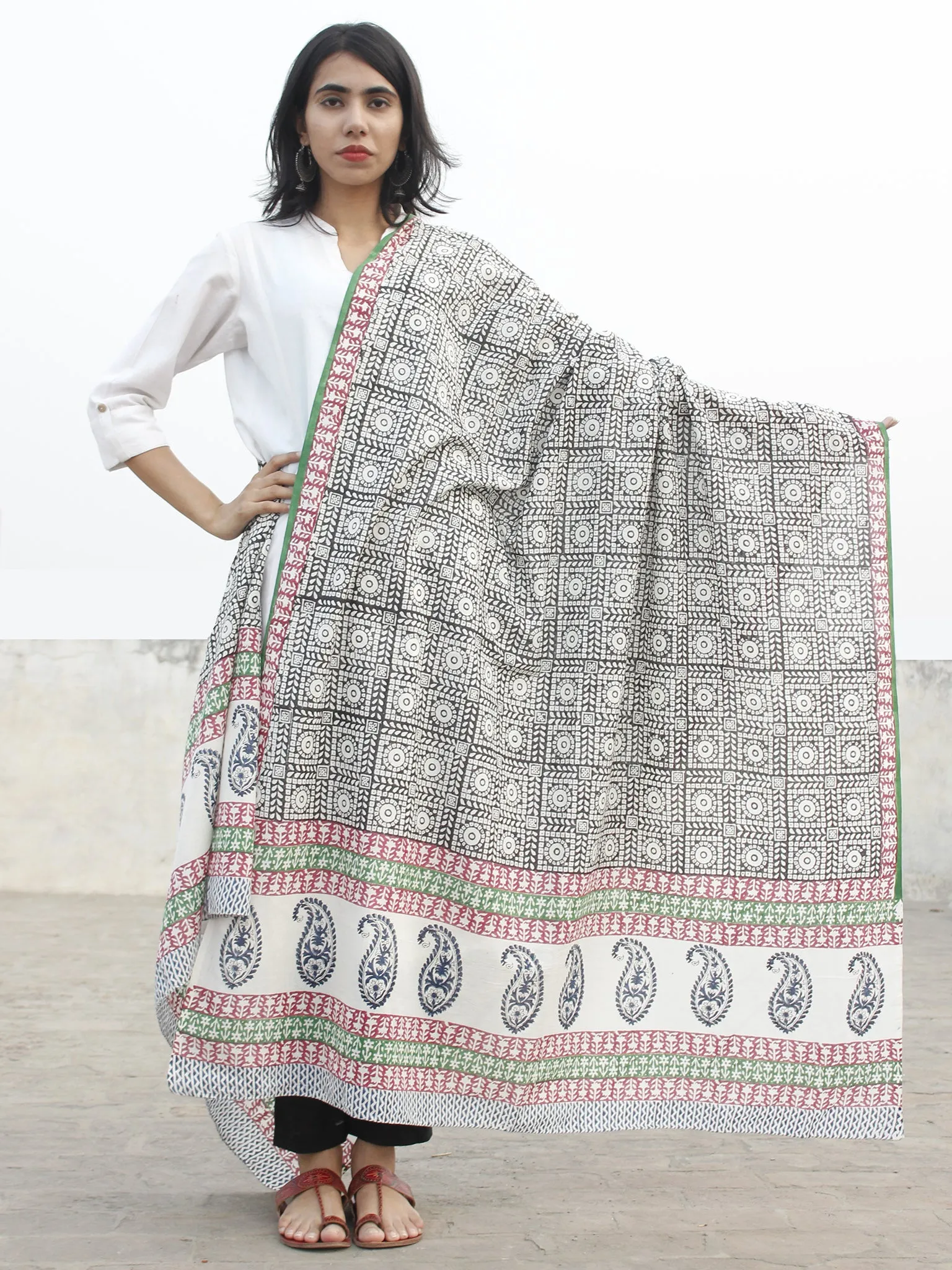 Black Indigo Green Rust Cotton Hand Block Printed Dupatta - D04170187