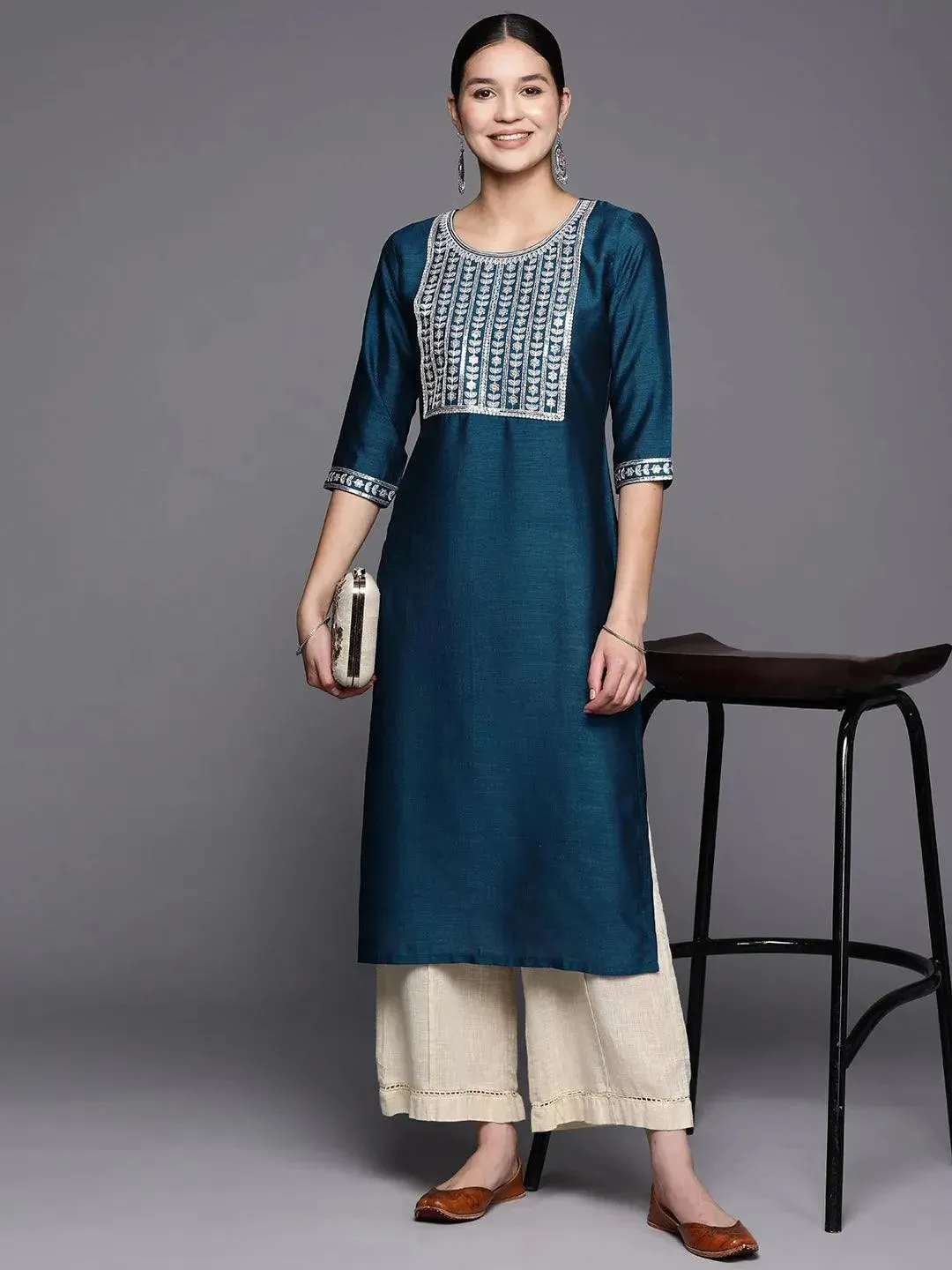 Blue Yoke Design Silk Straight Kurta