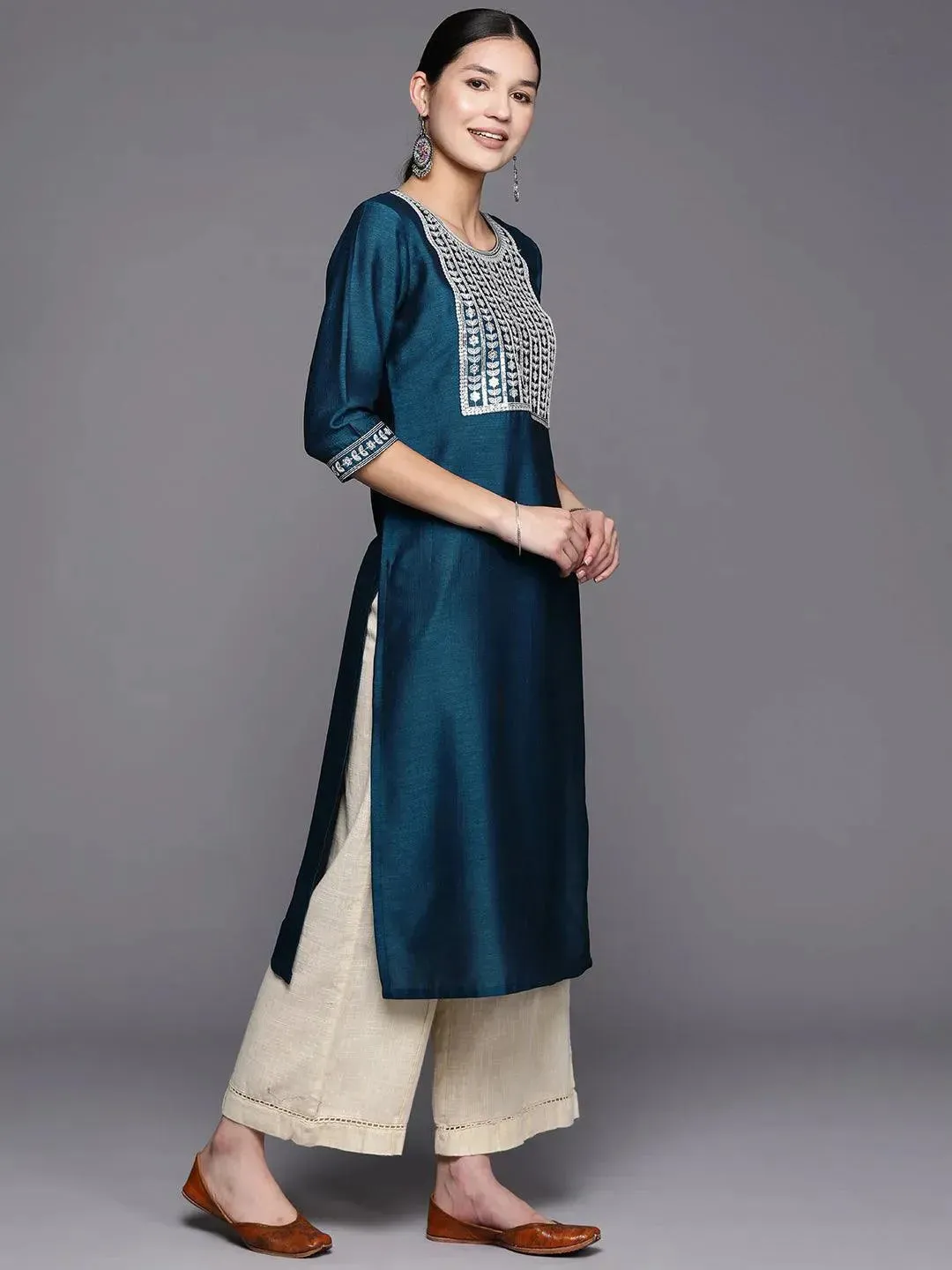 Blue Yoke Design Silk Straight Kurta