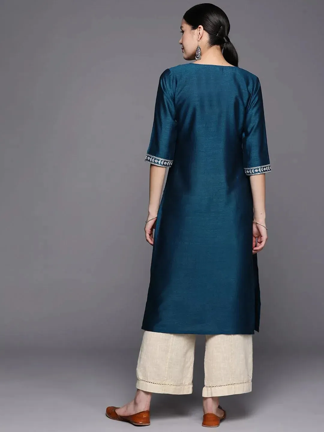 Blue Yoke Design Silk Straight Kurta