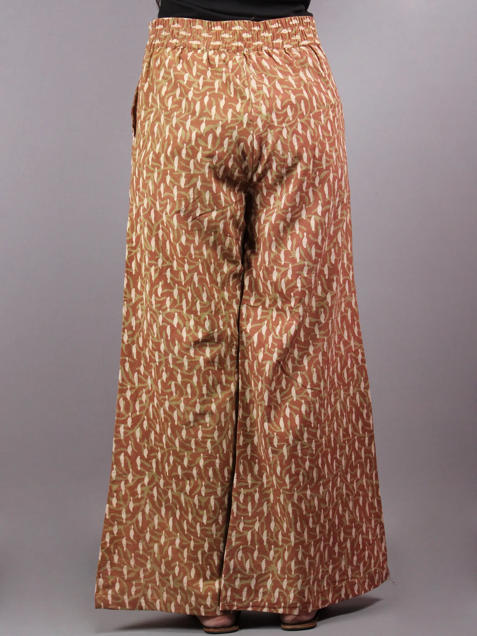 Brown and Beige Hand Block Printed Elasticated Waist Pleated Cotton Palazzo - P1117084
