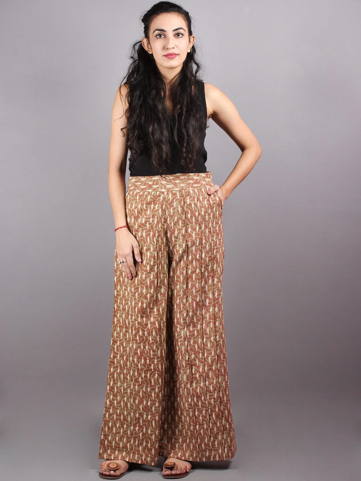 Brown and Beige Hand Block Printed Elasticated Waist Pleated Cotton Palazzo - P1117084