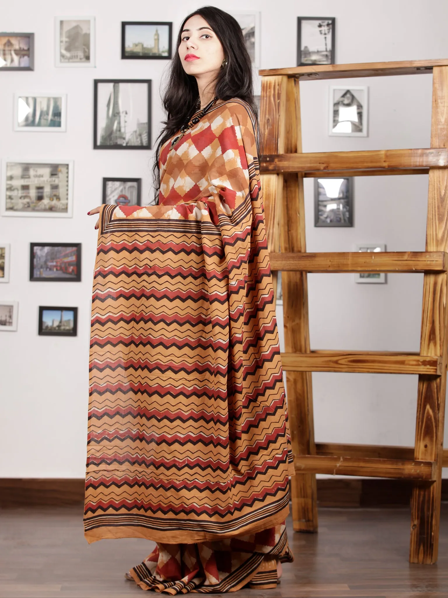 Brown Maroon Ivory Black Hand Block Printed Cotton Mul Saree - S031703011