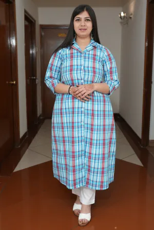 Classic Blue Checked A-Line Kurta