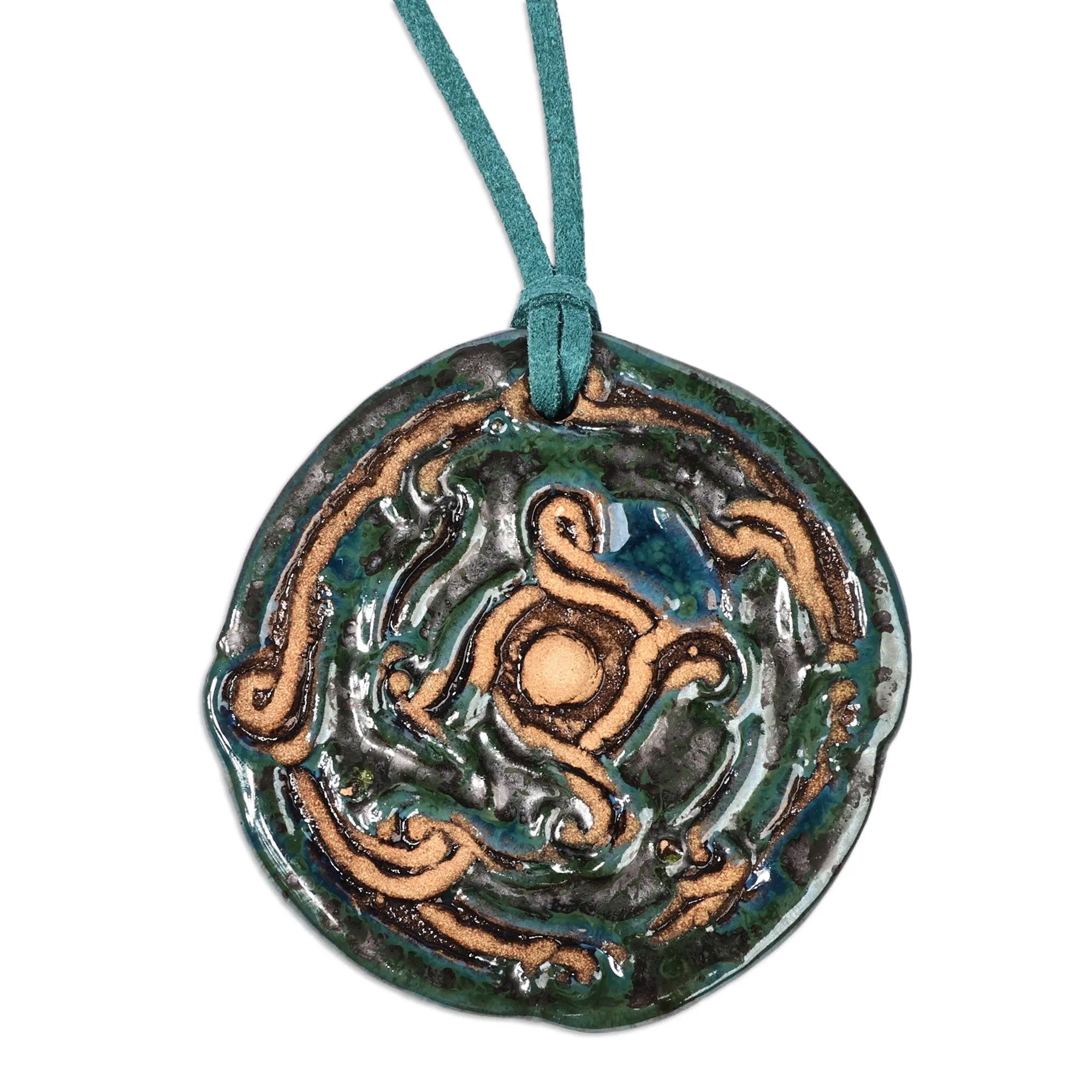 Classic Handcrafted Blue and Green Ceramic Pendant Necklace - Mystic Whirl | NOVICA