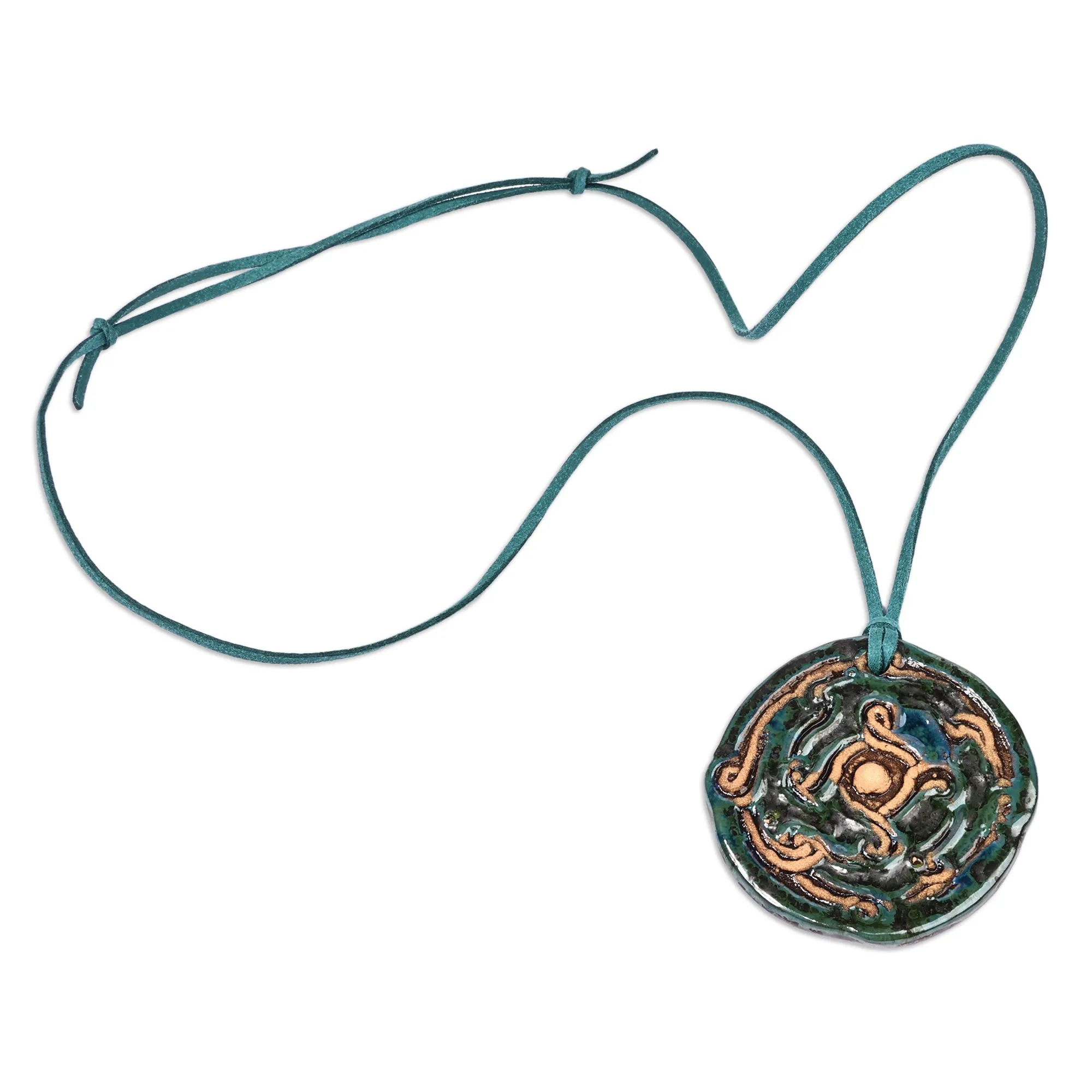 Classic Handcrafted Blue and Green Ceramic Pendant Necklace - Mystic Whirl | NOVICA