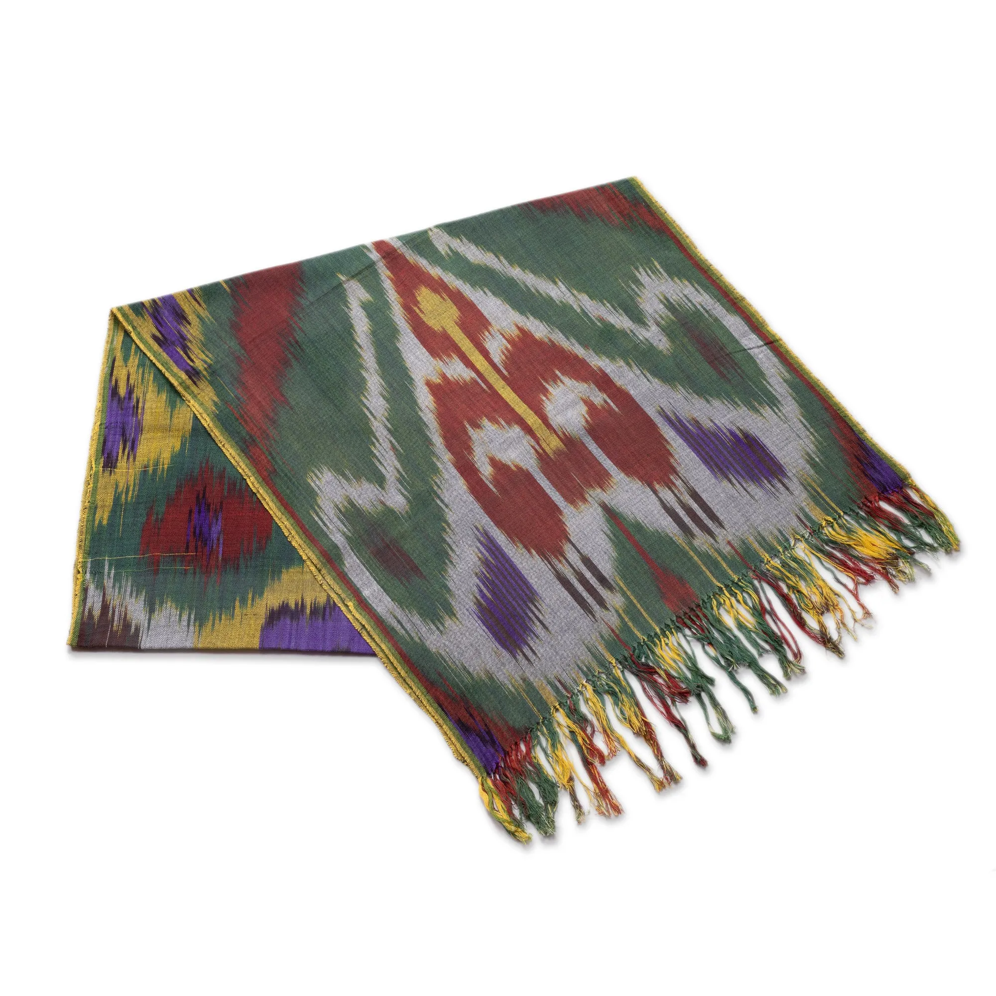 Colorful Fringed Cotton Ikat Scarf Hand-Woven in Uzbekistan - Symphony of Colors | NOVICA