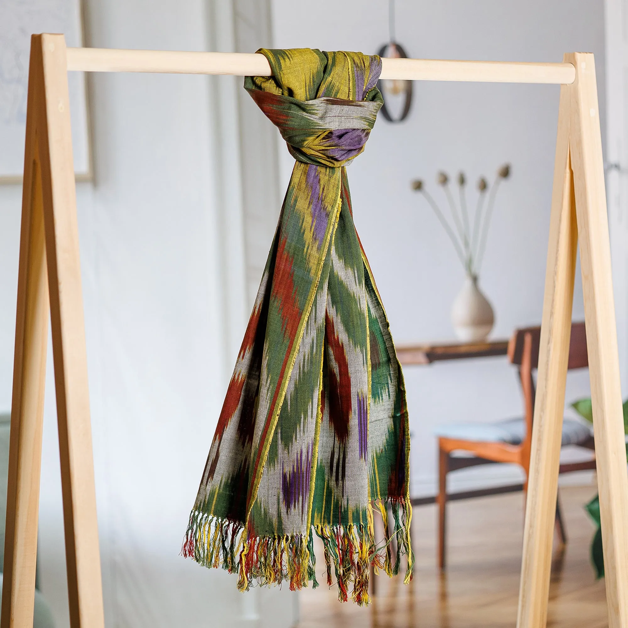 Colorful Fringed Cotton Ikat Scarf Hand-Woven in Uzbekistan - Symphony of Colors | NOVICA