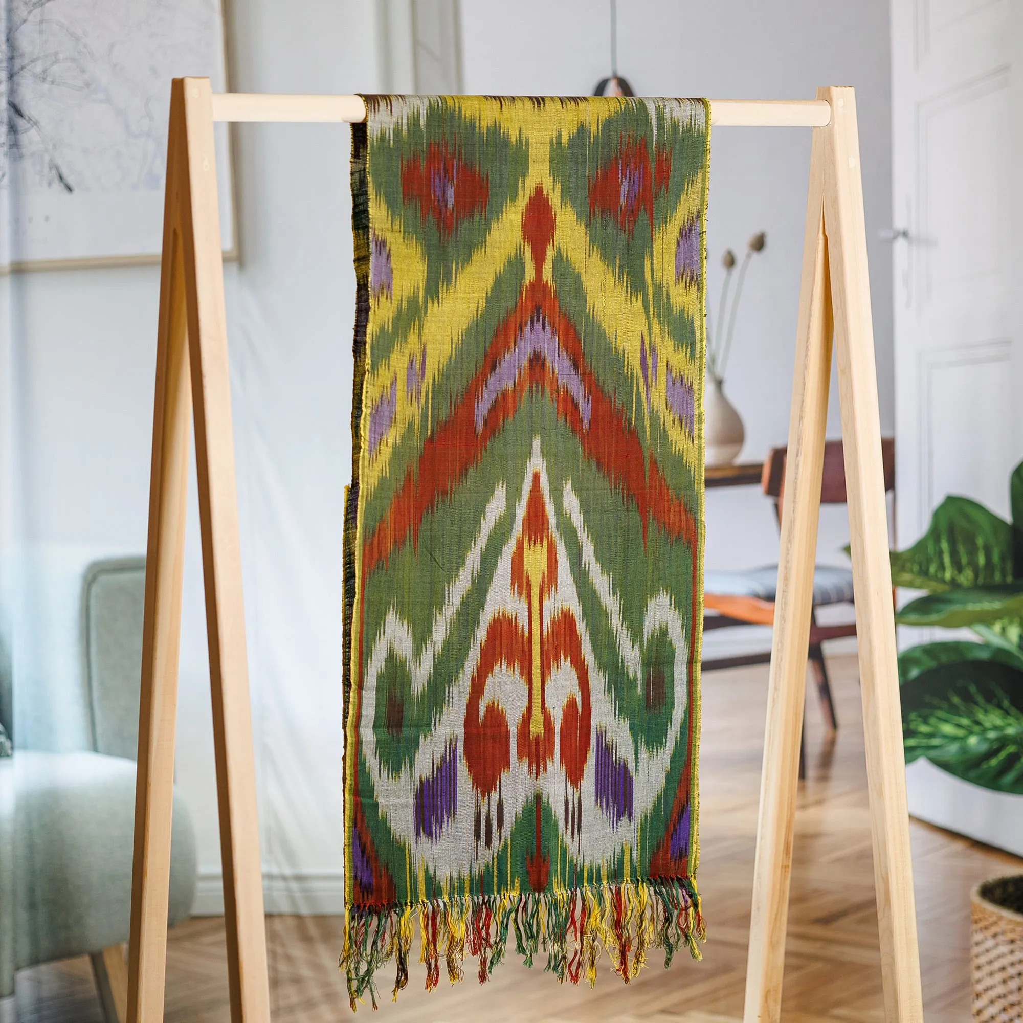 Colorful Fringed Cotton Ikat Scarf Hand-Woven in Uzbekistan - Symphony of Colors | NOVICA