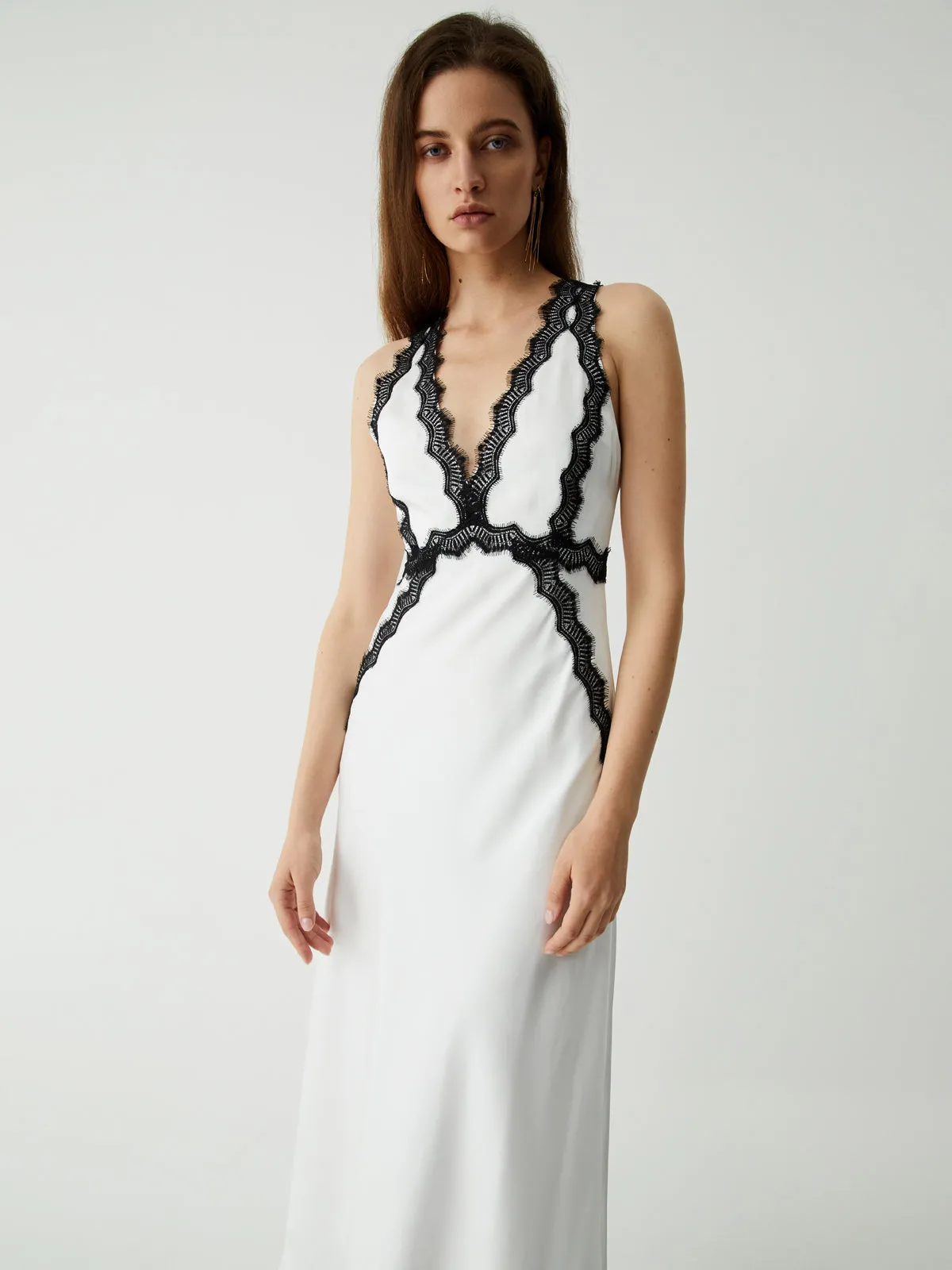 Contrast Lace Graceful Satin Long Dress