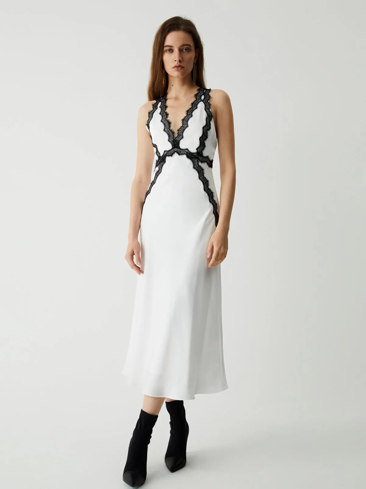 Contrast Lace Graceful Satin Long Dress