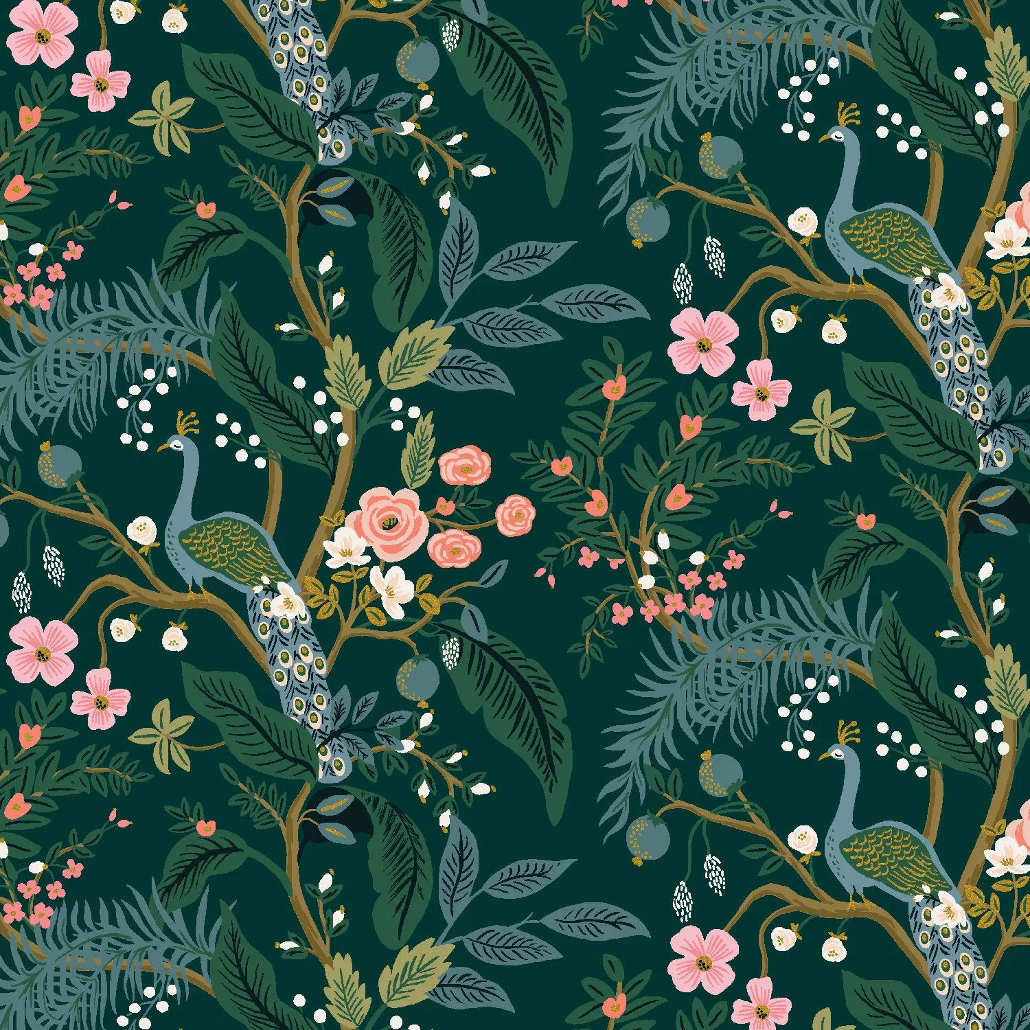 Cotton   Steel Rifle Paper Co. Vintage Garden Peacock - hunter metallic