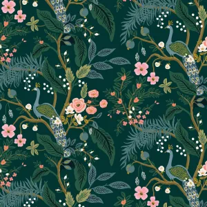 Cotton   Steel Rifle Paper Co. Vintage Garden Peacock - hunter metallic