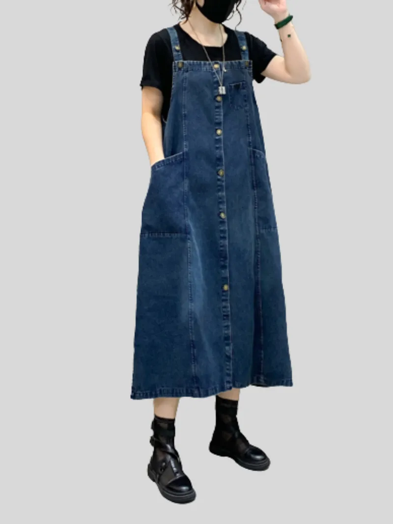 Denim Midi-Length Over-The-Knee Casual Salopette Dress