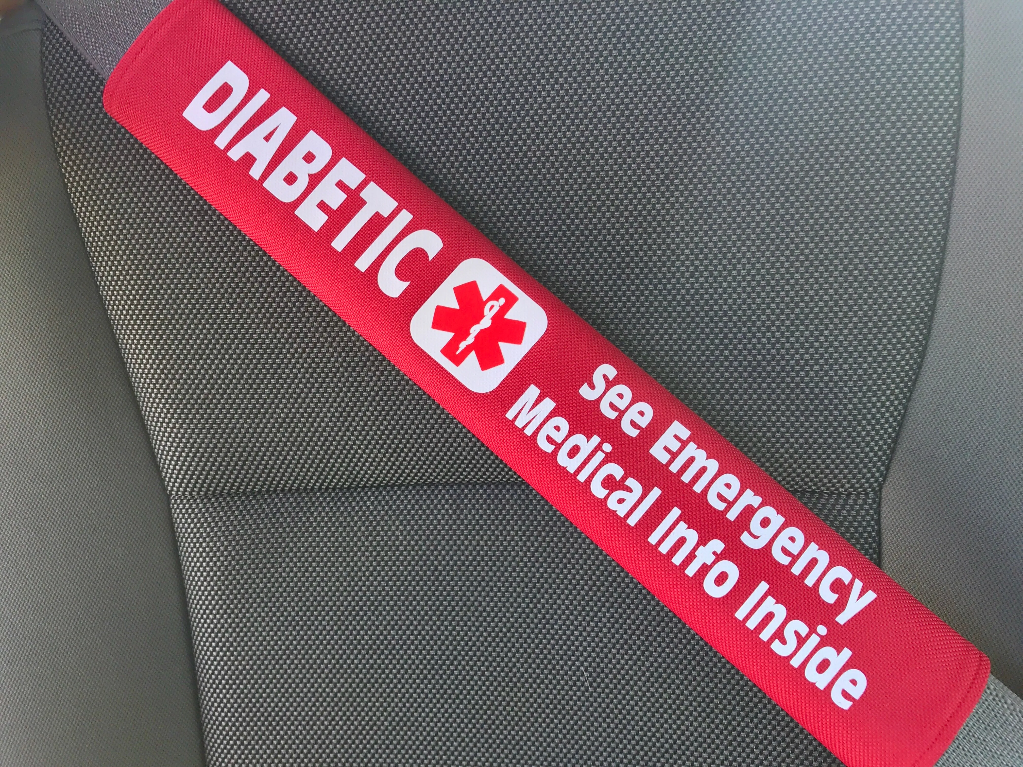 Diabetic - Type 2 - Medical Alert Seat Belt Cover - Inside Pocket - Medical Info Sheet