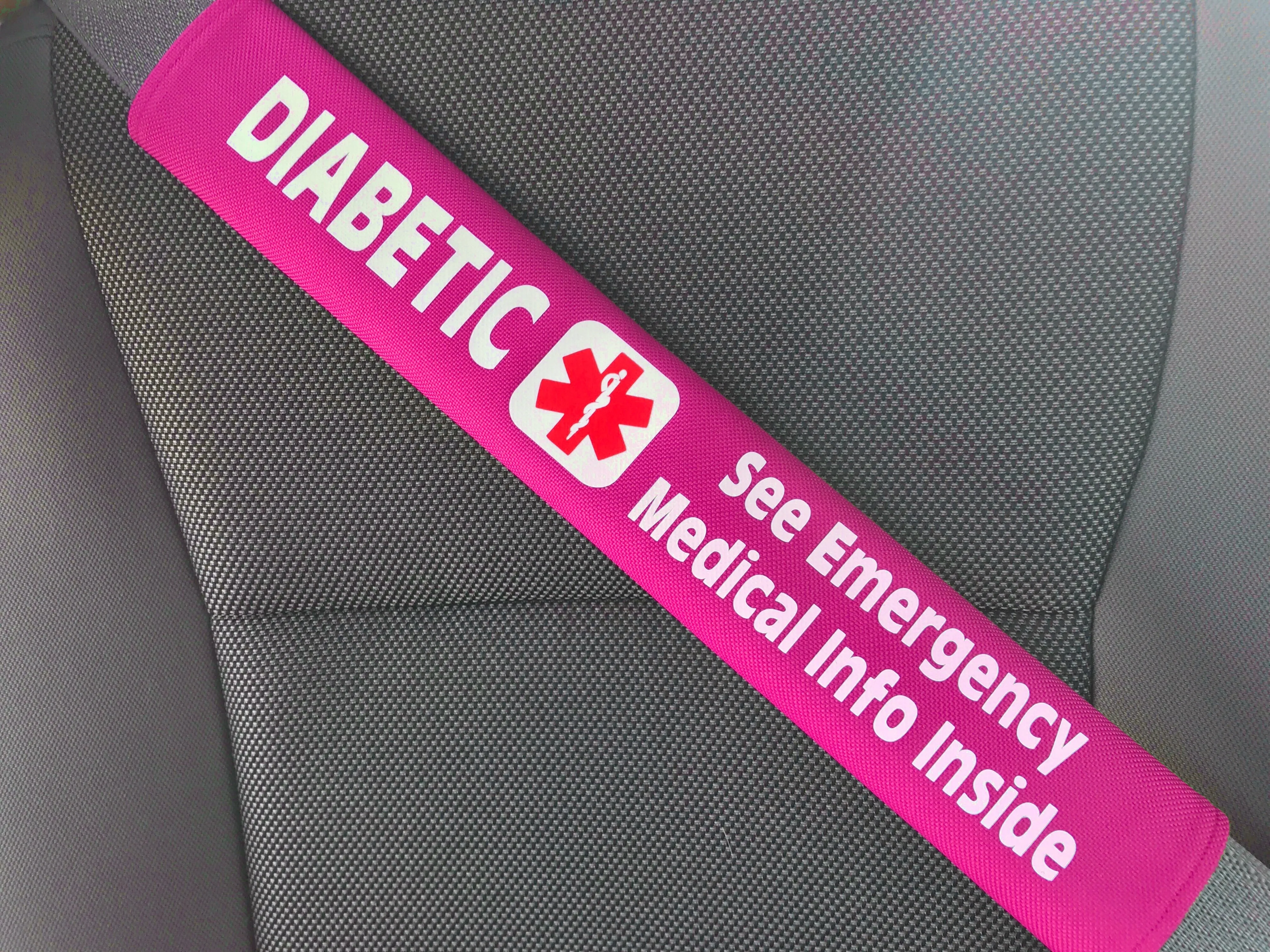 Diabetic - Type 2 - Medical Alert Seat Belt Cover - Inside Pocket - Medical Info Sheet