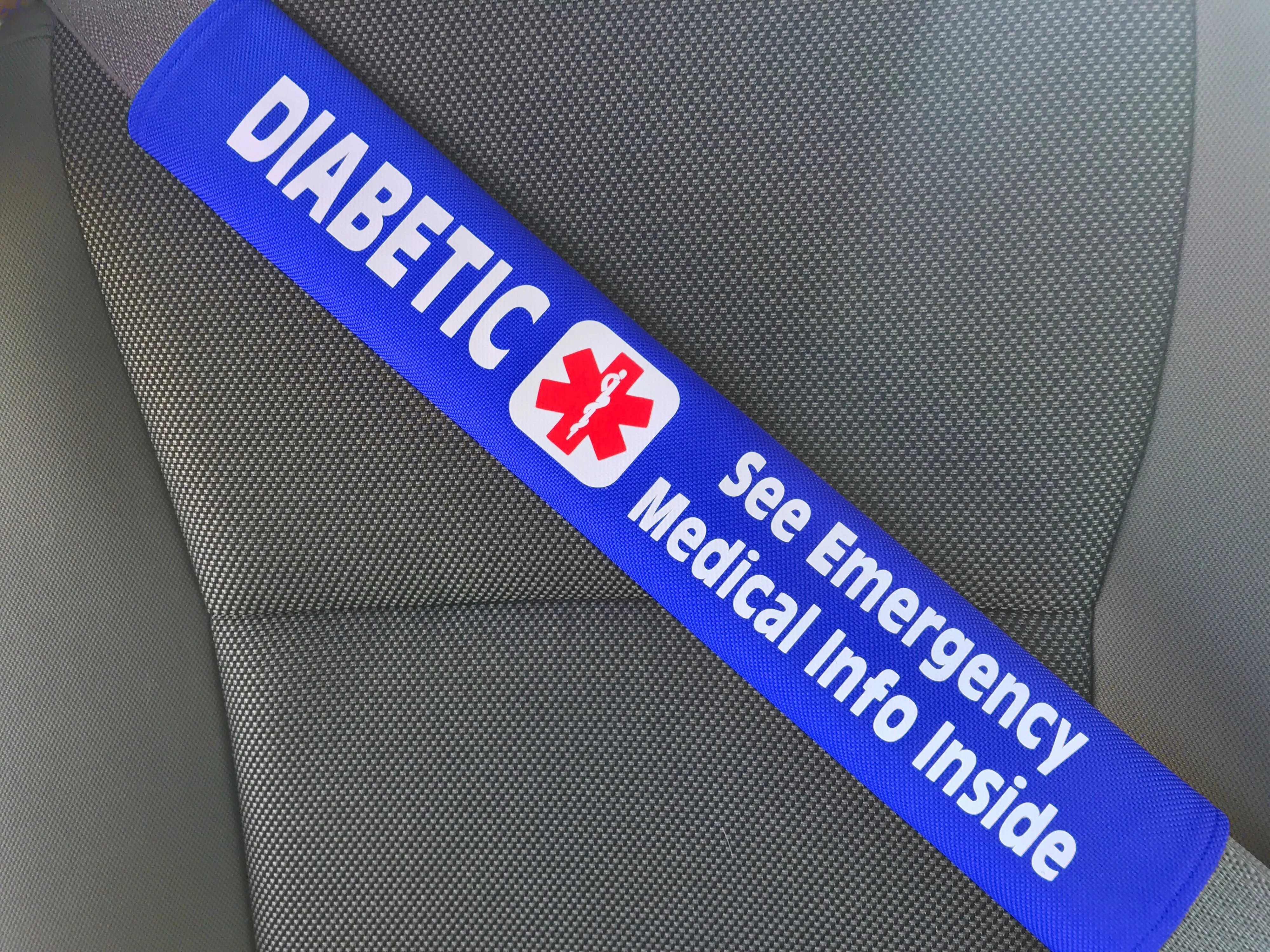 Diabetic - Type 2 - Medical Alert Seat Belt Cover - Inside Pocket - Medical Info Sheet