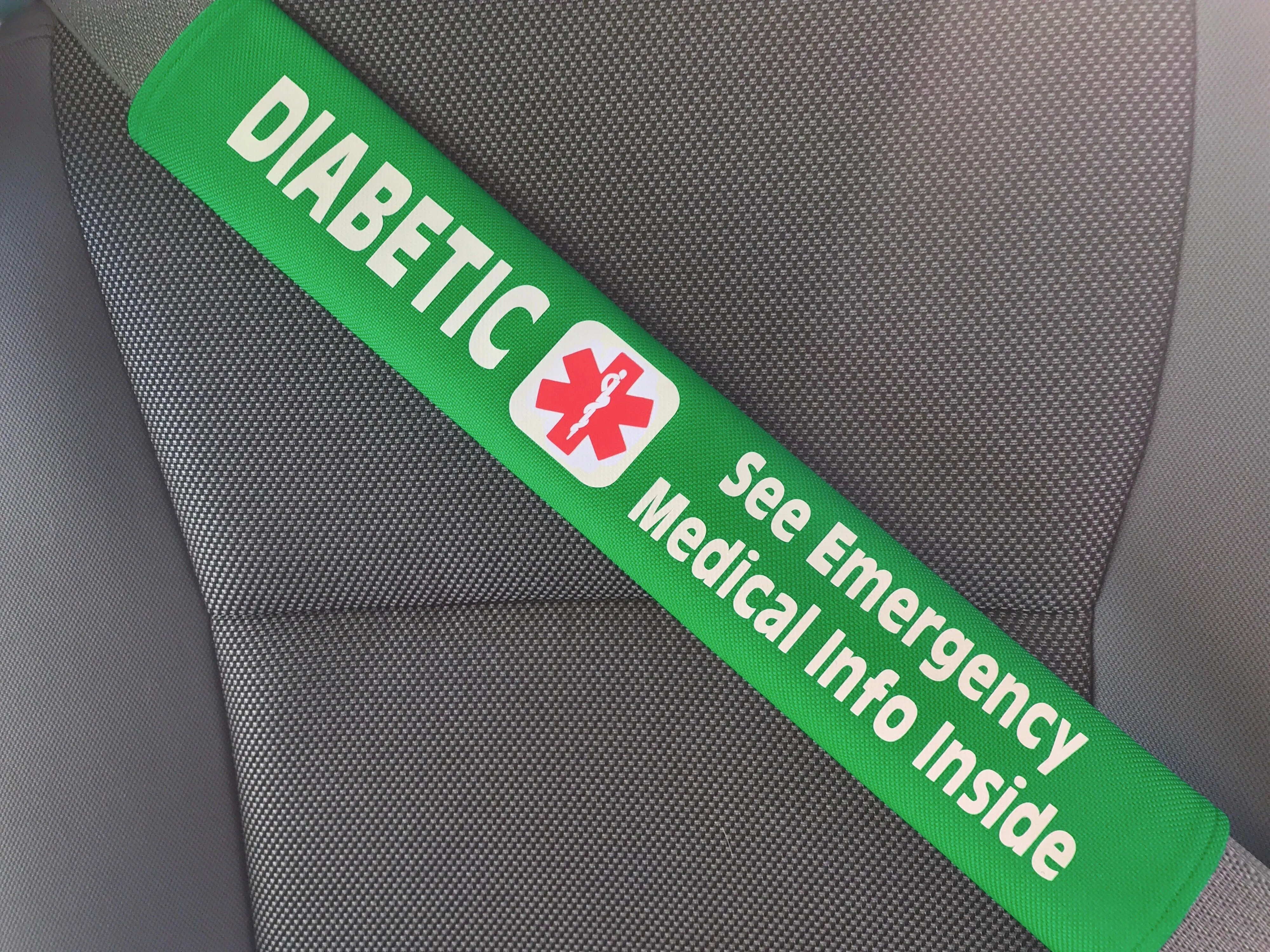 Diabetic - Type 2 - Medical Alert Seat Belt Cover - Inside Pocket - Medical Info Sheet