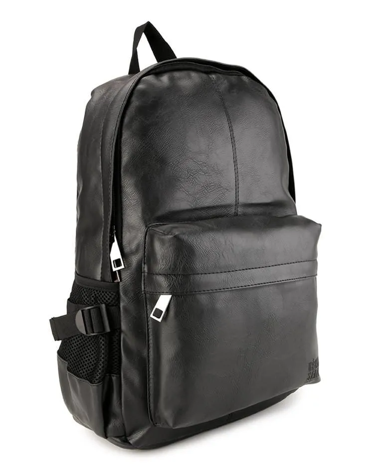 Distressed Leather Mesh Backpack - Black