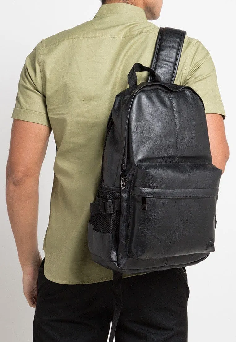 Distressed Leather Mesh Backpack - Black