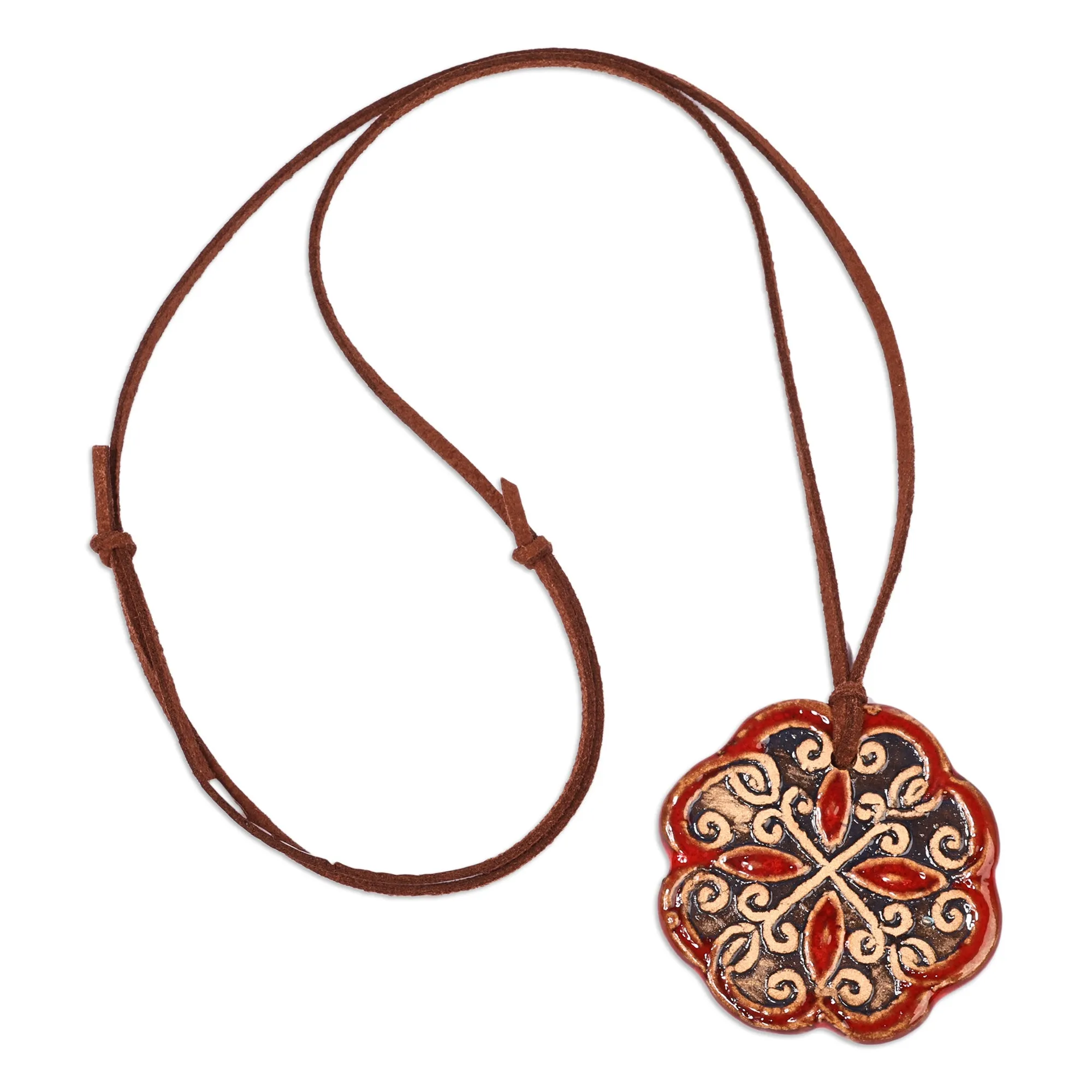 Floral Handcrafted Red and Black Ceramic Pendant Necklace - Majestic Red | NOVICA
