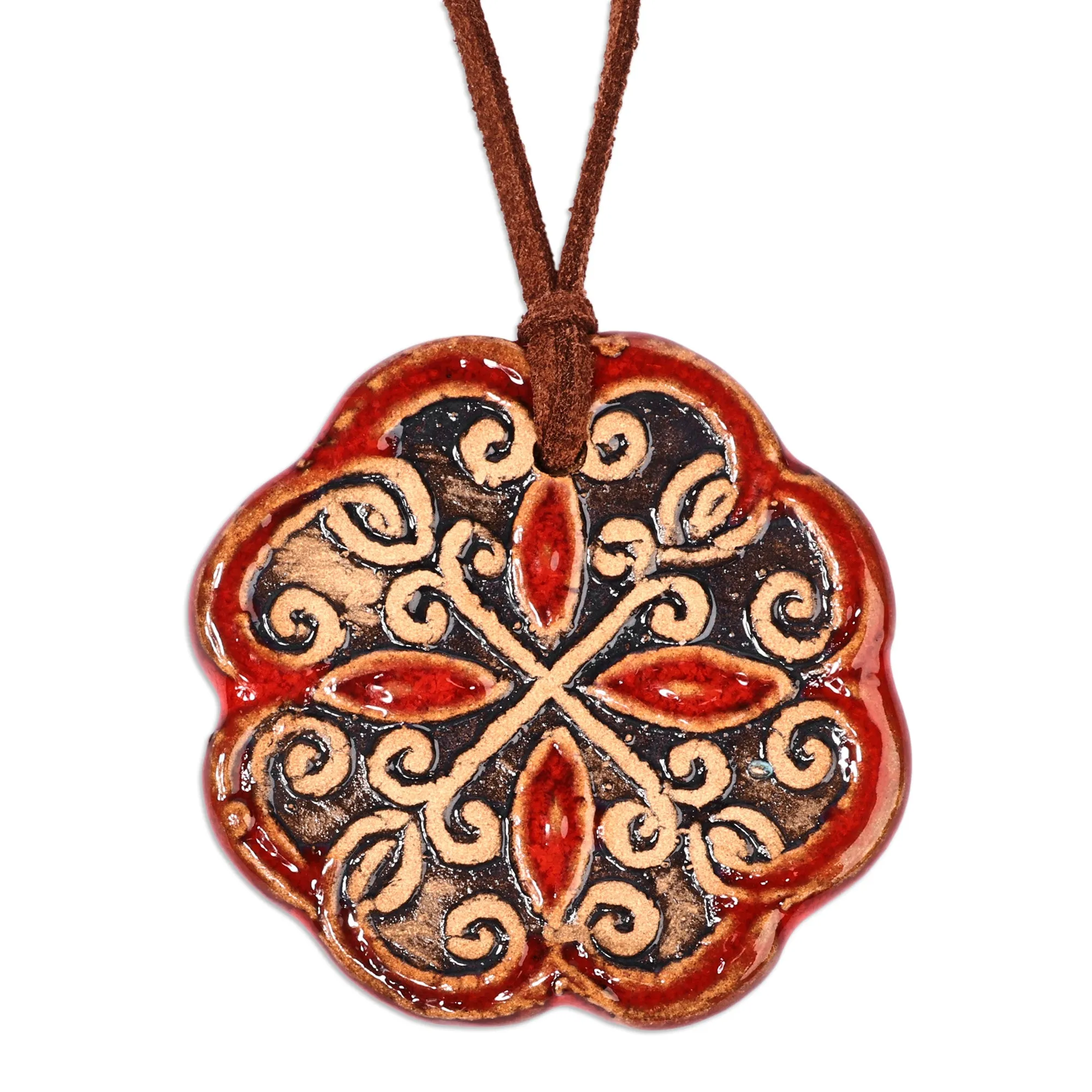 Floral Handcrafted Red and Black Ceramic Pendant Necklace - Majestic Red | NOVICA