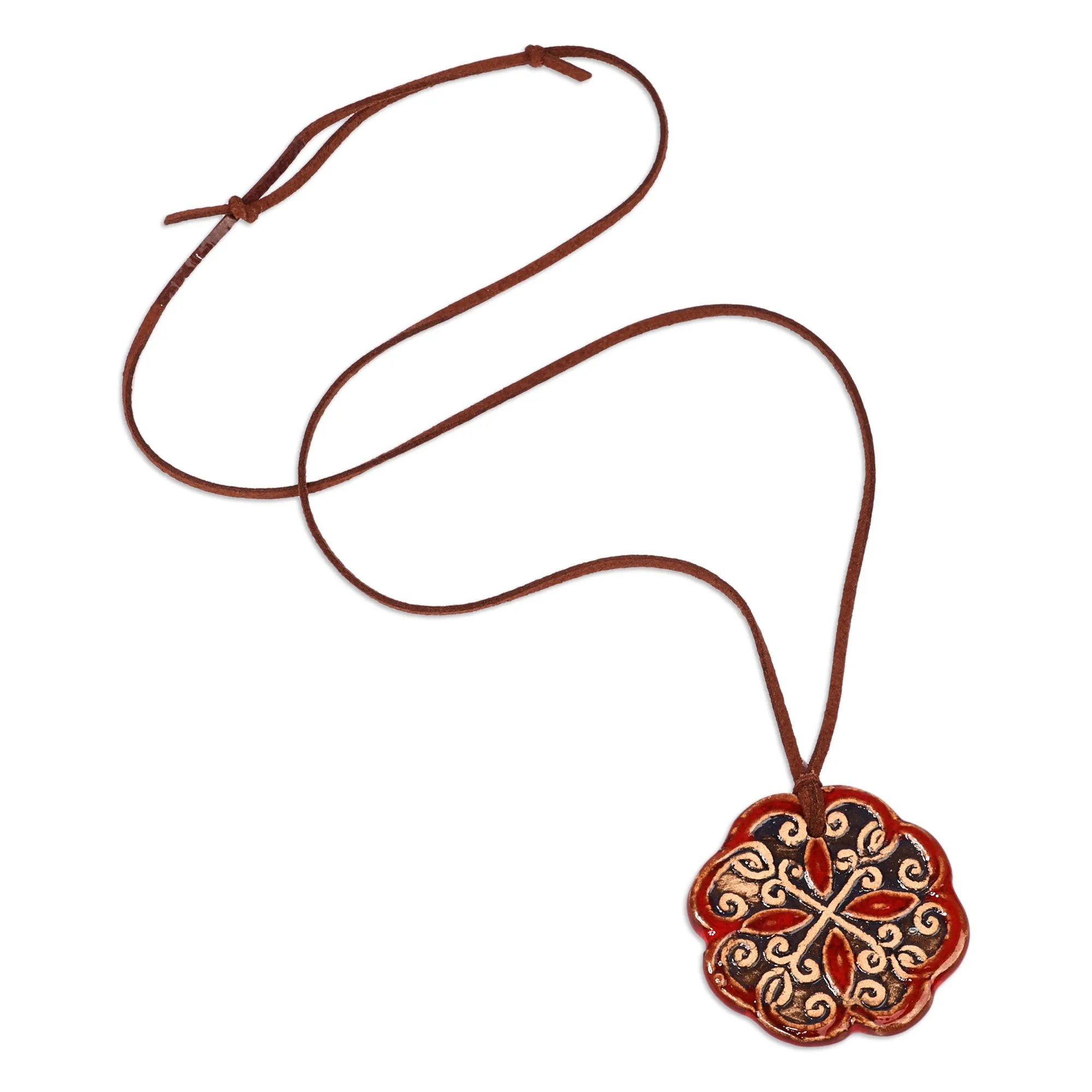 Floral Handcrafted Red and Black Ceramic Pendant Necklace - Majestic Red | NOVICA