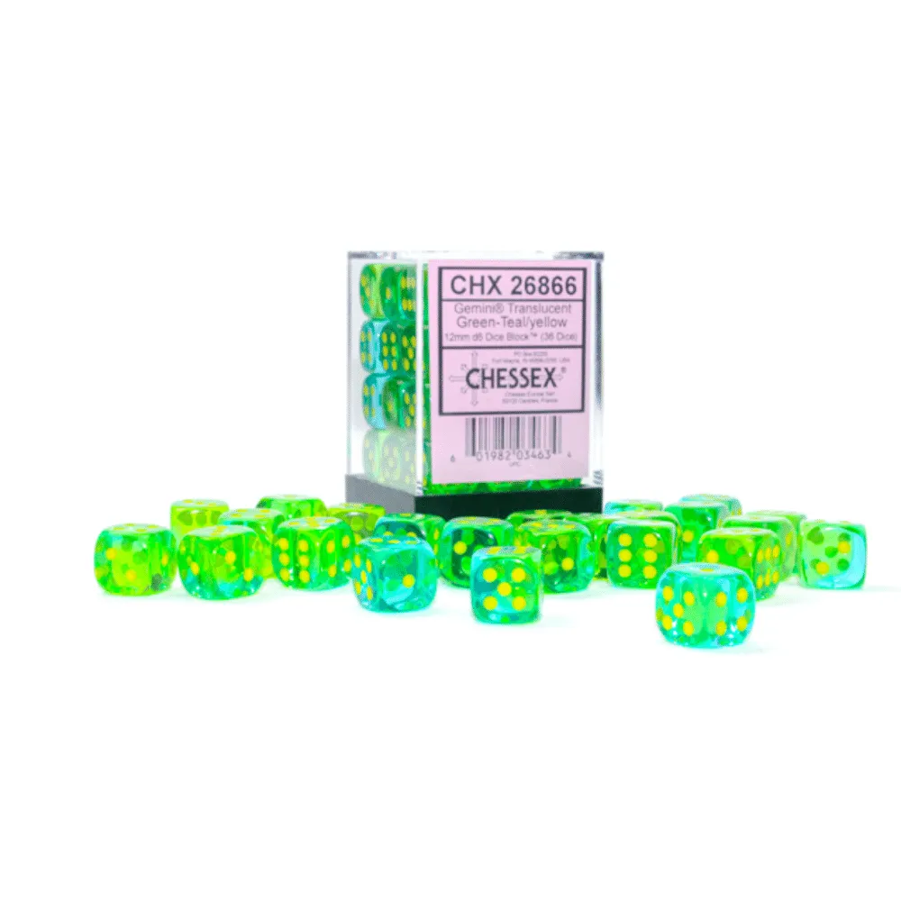 Gemini 12mm d6 Translucent Green-Teal/yellow Dice Block (36 dice)