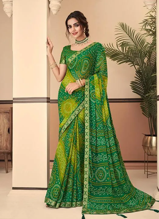 Graceful Green & Parrot Bandhani Chiffon Saree