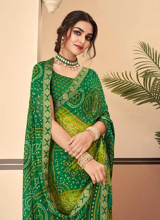 Graceful Green & Parrot Bandhani Chiffon Saree