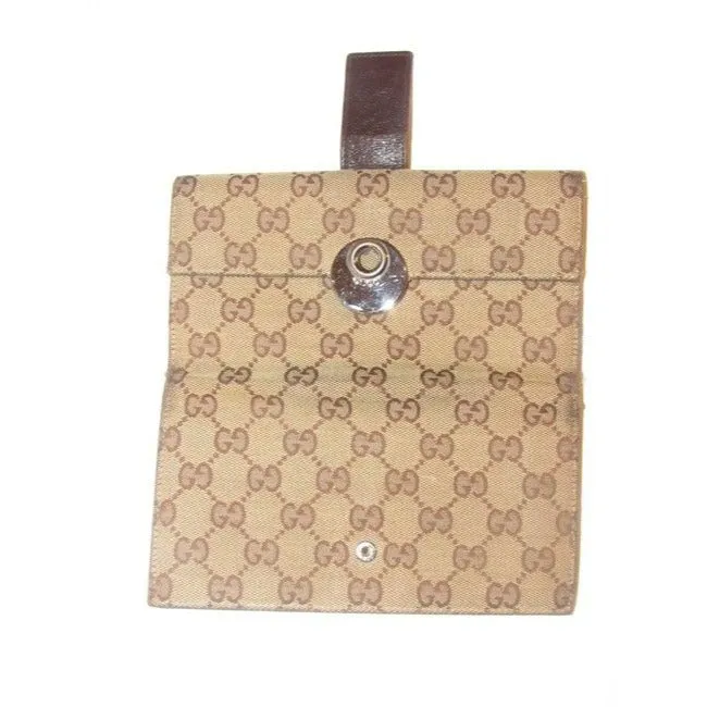 Gucci Brown Large G Logo Print Canvas And Brown Leather Vintage Wallet