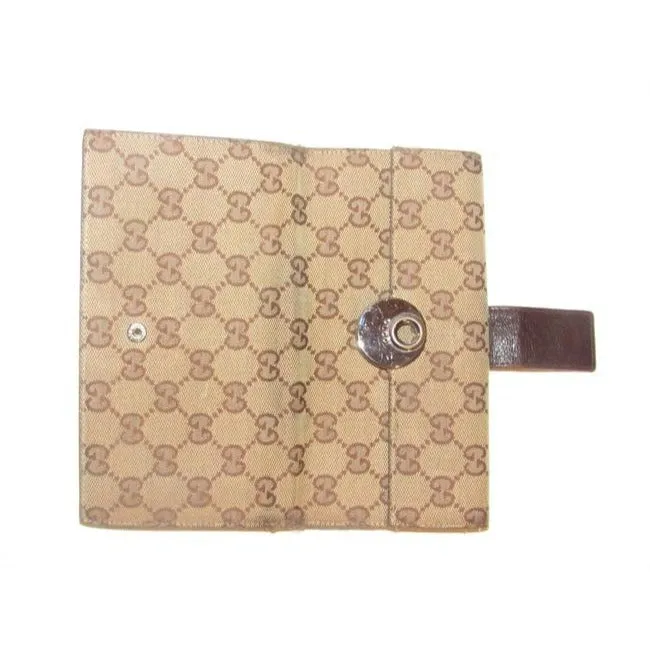 Gucci Brown Large G Logo Print Canvas And Brown Leather Vintage Wallet