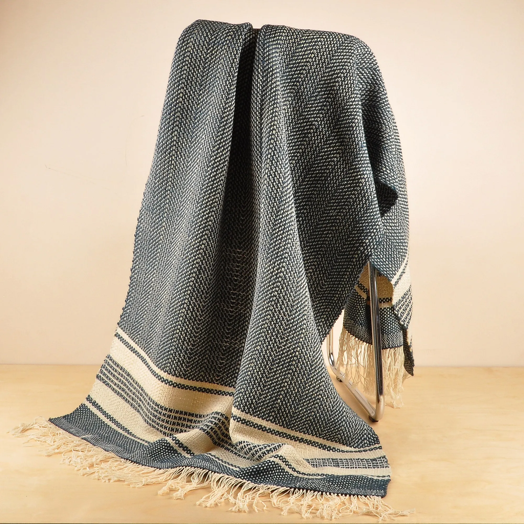 Hand-Woven Striped Wool Throw in Blue and Ivory from Armenia - Cozy Indigo | NOVICA