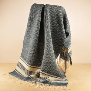 Hand-Woven Striped Wool Throw in Blue and Ivory from Armenia - Cozy Indigo | NOVICA